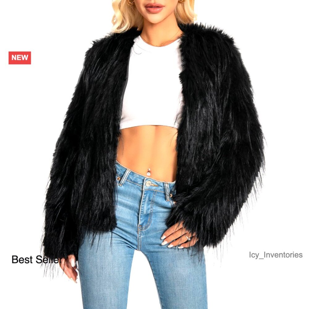 Faux Fur Cropped Jacket Y2K Chic Winter Coat Fluffy Long Sleeve with Pockets
